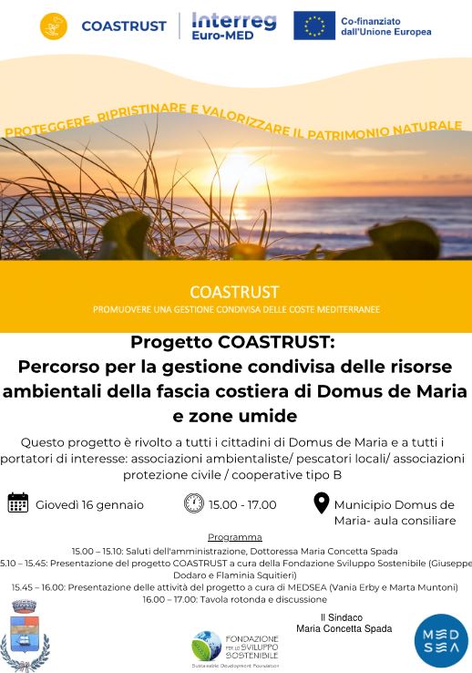 Invito all’incontro per il progetto Coastrust percorso per la gestione condivisa delle risorse ambientali della fascia costiera di Domus de Maria e zone umide