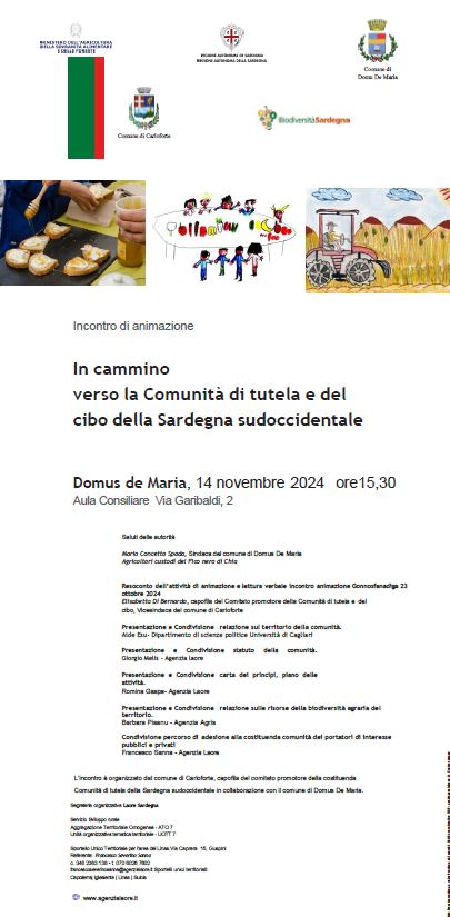 Comunità di tutela e del cibo della Sardegna Sudoccidentale giovedì 14 novembre a Domus de Maria incontro di animazione 