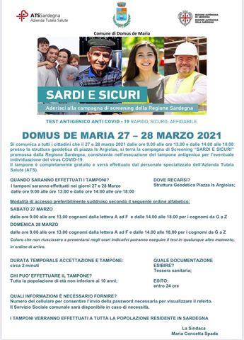 Campagna di Screening “Sardi e Sicuri” - Domus de Maria 27 e 28 Marzo 2021
