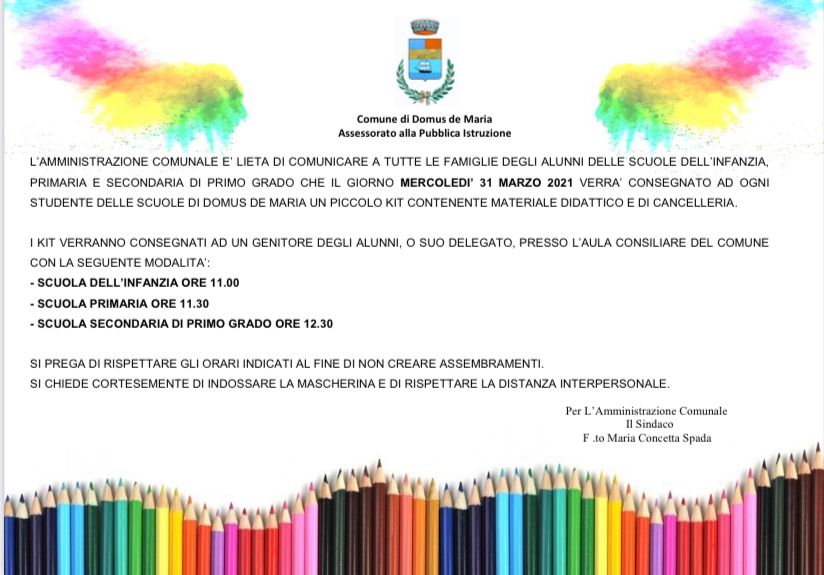 Consegna Kit materiale didattico e di cancelleria per gli alunni delle scuole dell'Infanzia, Primaria e Secondaria di primo grado di Domus de Maria